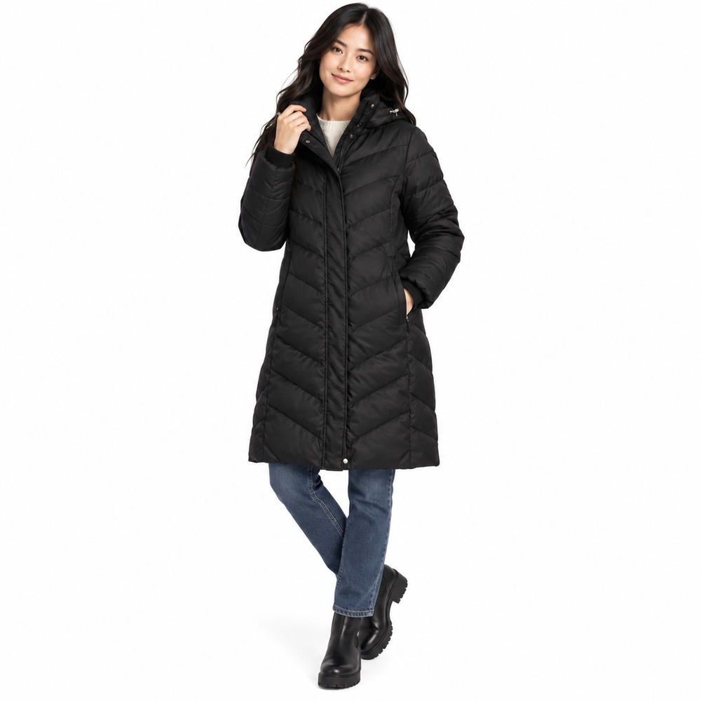 Eddie Bauer Chevron Hooded Down Parka Women's Coat Black Polyester Large